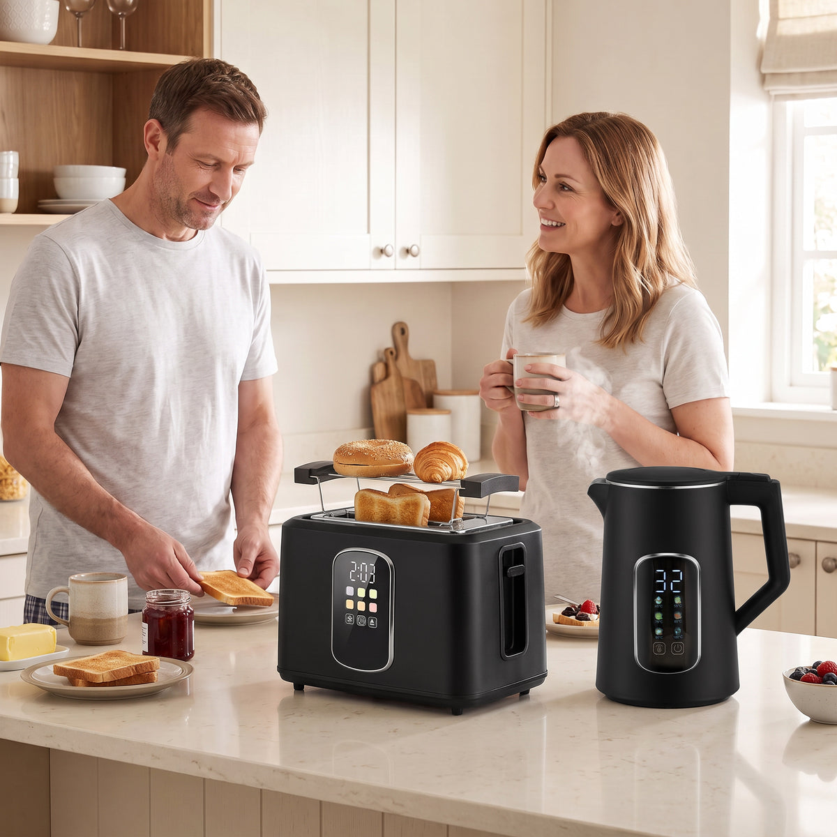 HOMCOM Kettle and Toaster Set with LED Touch Screen, Kettle with Strix Thermostat, 2 Slice Toaster w/ 6 Browning Levels, Black