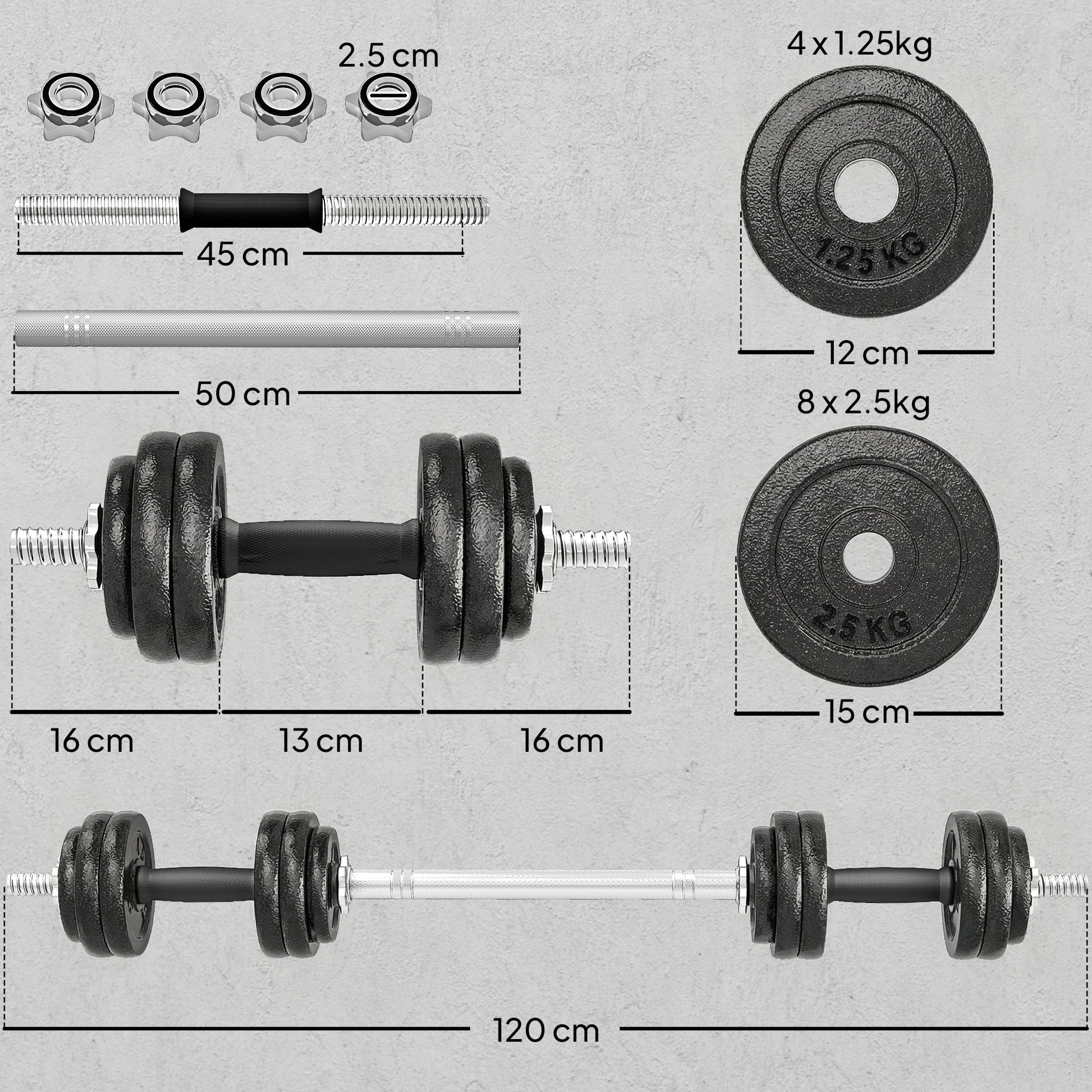 SPORTNOW 2-in-1 Adjustable Dumbbells Set, 30kg Cast Iron Weights Dumbbells Set with Non-Slip Grip for Strength Training, Weight Lifting, Bodybuilding, Home Gym Workout Equipment for Men & Women