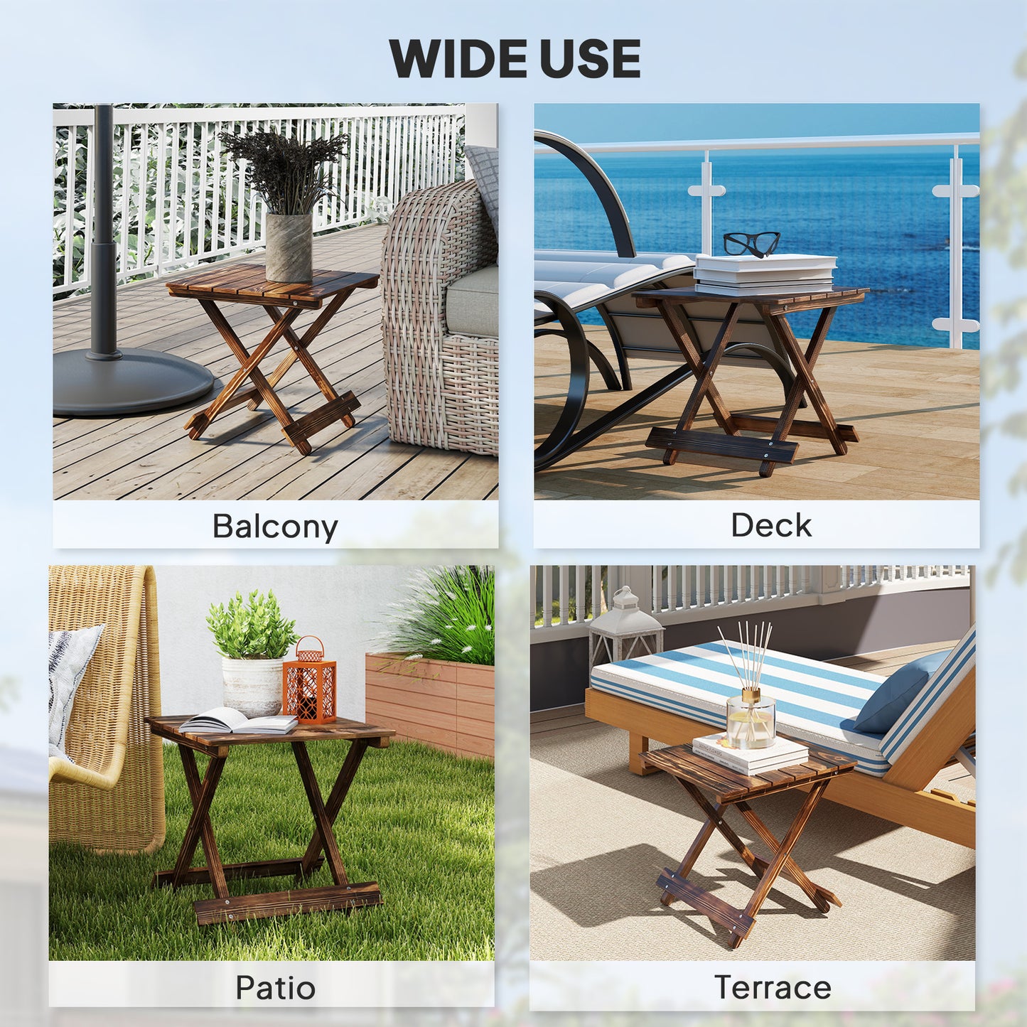 Outsunny Fir Wood Folding Coffee Table, Lightweight Small Garden Table with Slatted Top, Portable Folding Side Table for Balcony