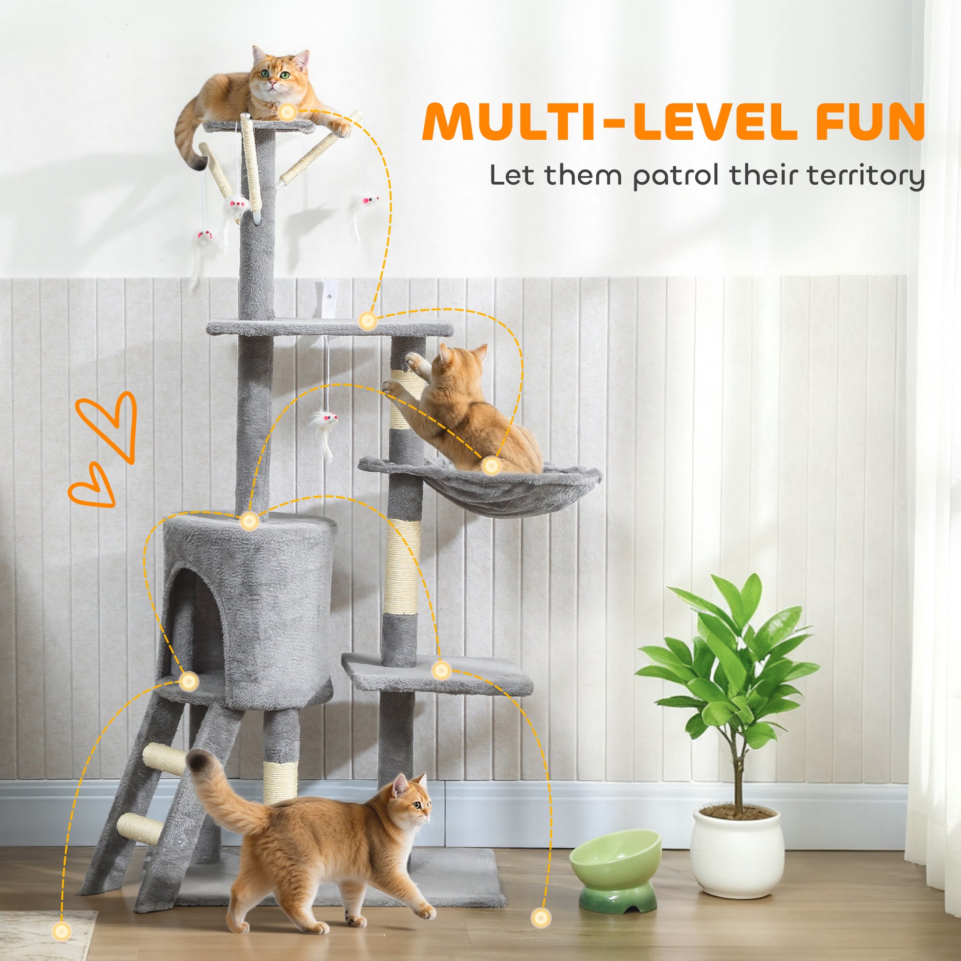 PawHut Multi-Level Cat Tower, 134cm Cat Tree with Condo and Sisal Scratching Posts for Indoor Kittens, Grey