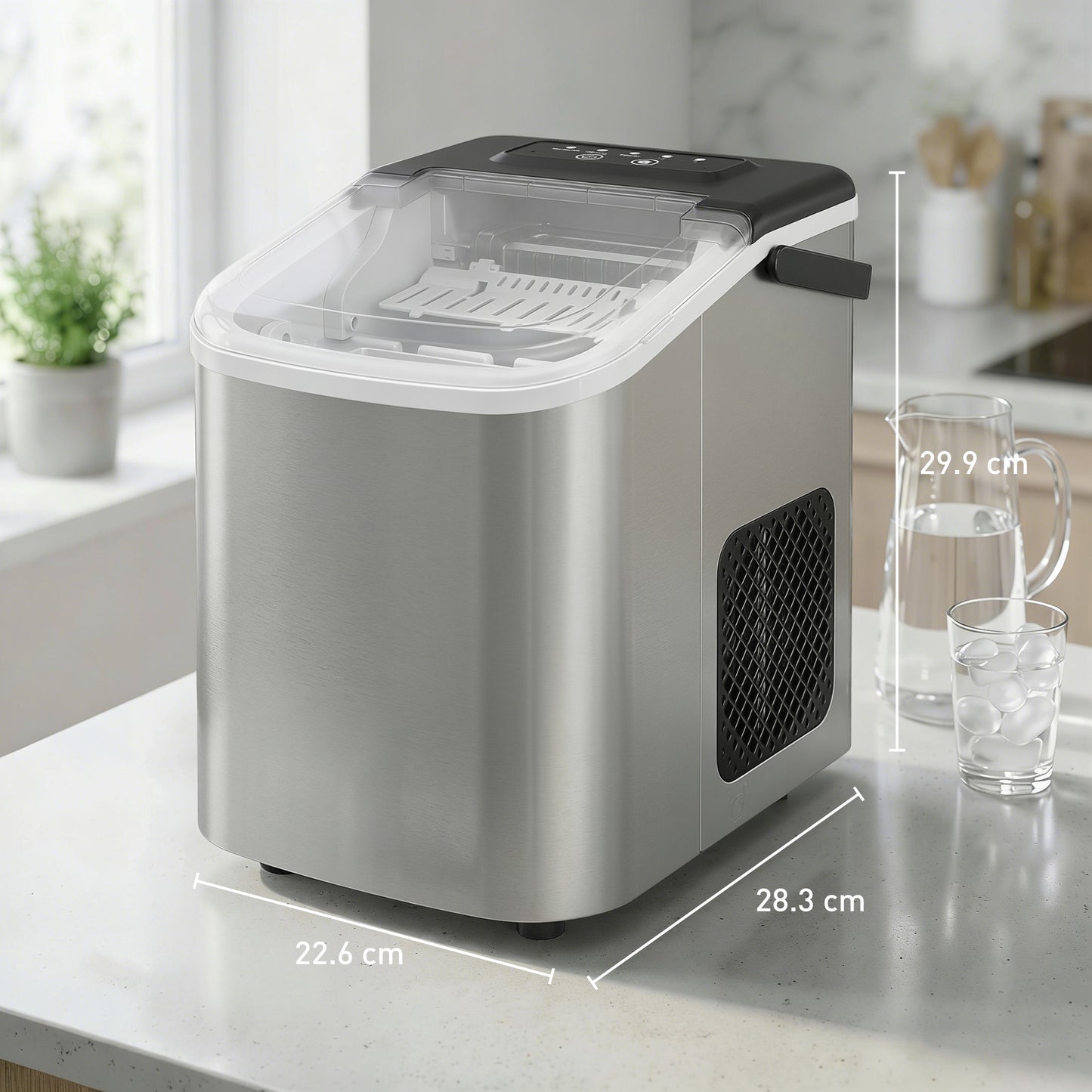 HOMCOM Ice Maker Machine Countertop, 9 Cubes Ready in 7 Mins, 12 KG in 24Hrs, 2 Sizes of Bullet, Self-Cleaning Ice Machine with Handle, Scoop & Basket for Home Kitchen Office RV, Stainless Steel