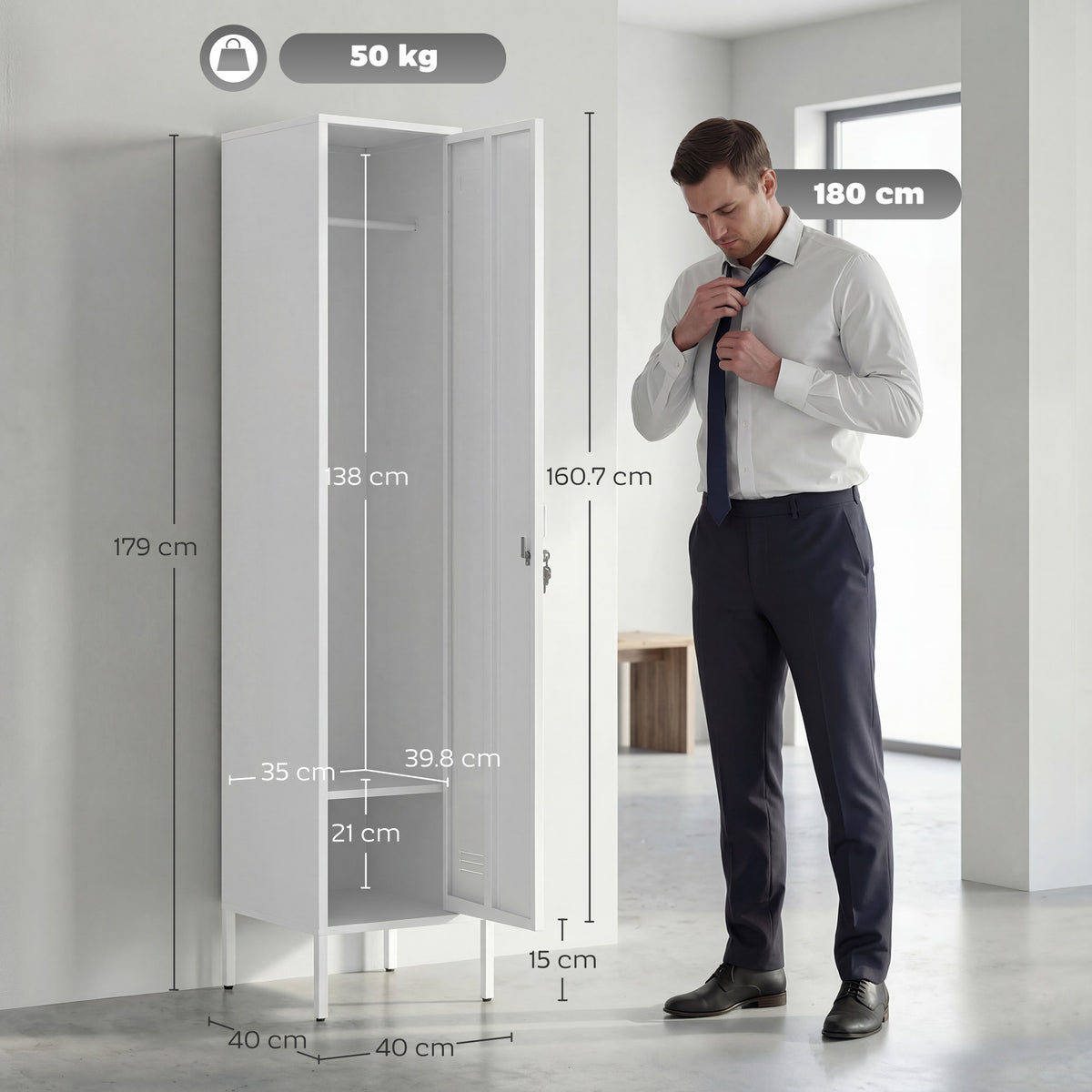 HOMCOM Metal Locker Cabinet with Hanging Rod, Lock and Key, Single Locker Storage Cabinet with Shelf, White