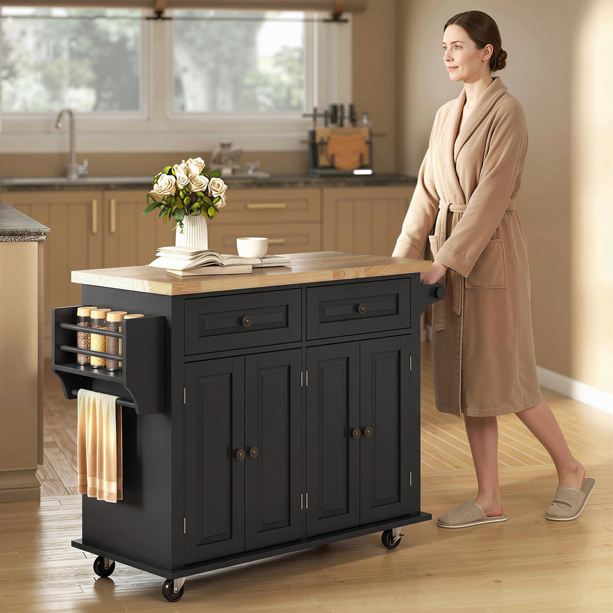 HOMCOM Kitchen Island on Wheels, Rolling Kitchen Trolley with Rubberwood Top, 2 Drawers, Adjustable Shelves, Black