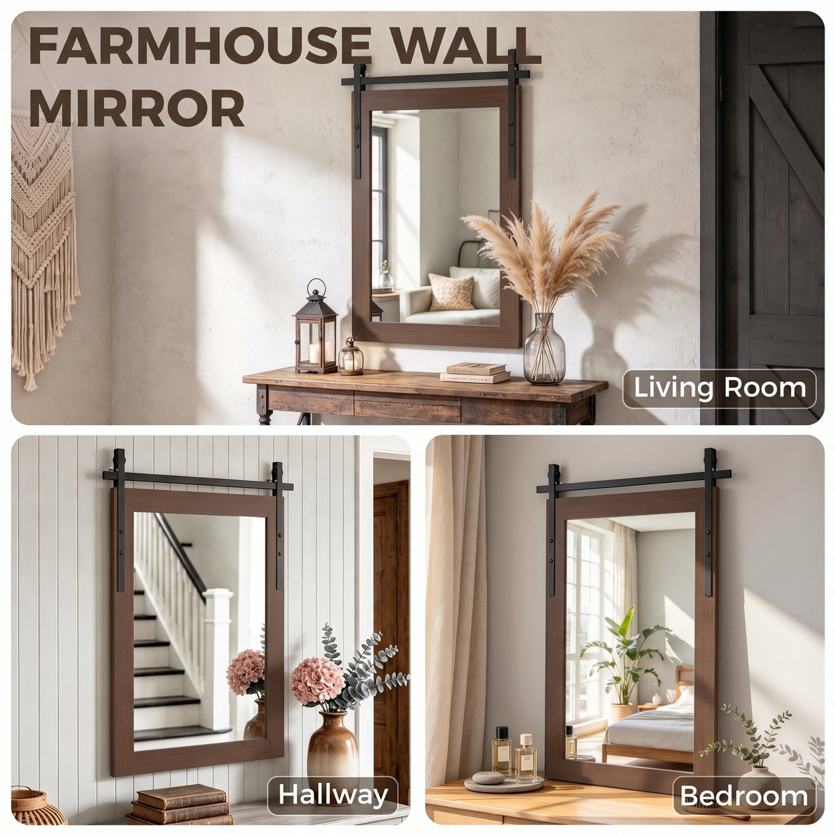 HOMCOM 86.5 x 61 cm Rectangle Mirror, Farmhouse Wall Mirror for Living Room, Bedroom, Hallway, Dark Brown