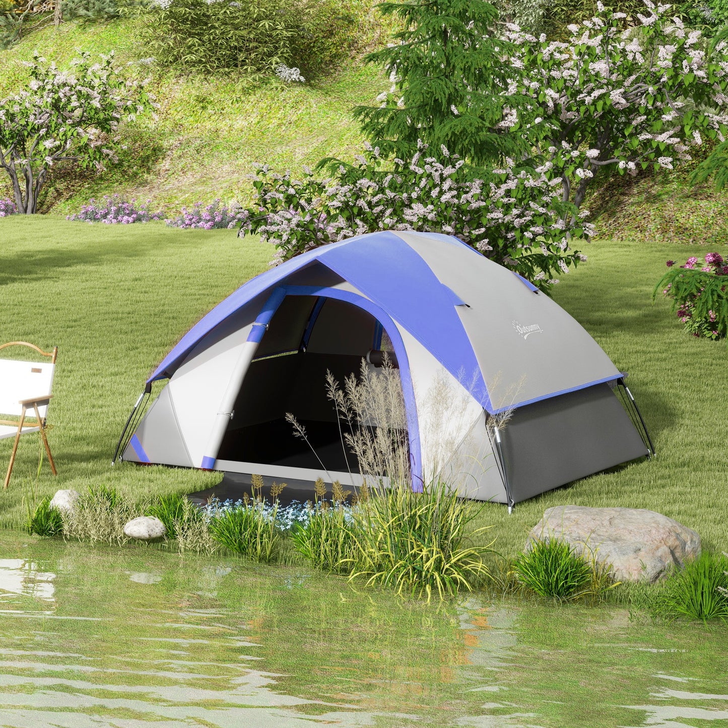 Outsunny Two Man Single Room Dome Tent, with Accessories - Dark Blue/Grey