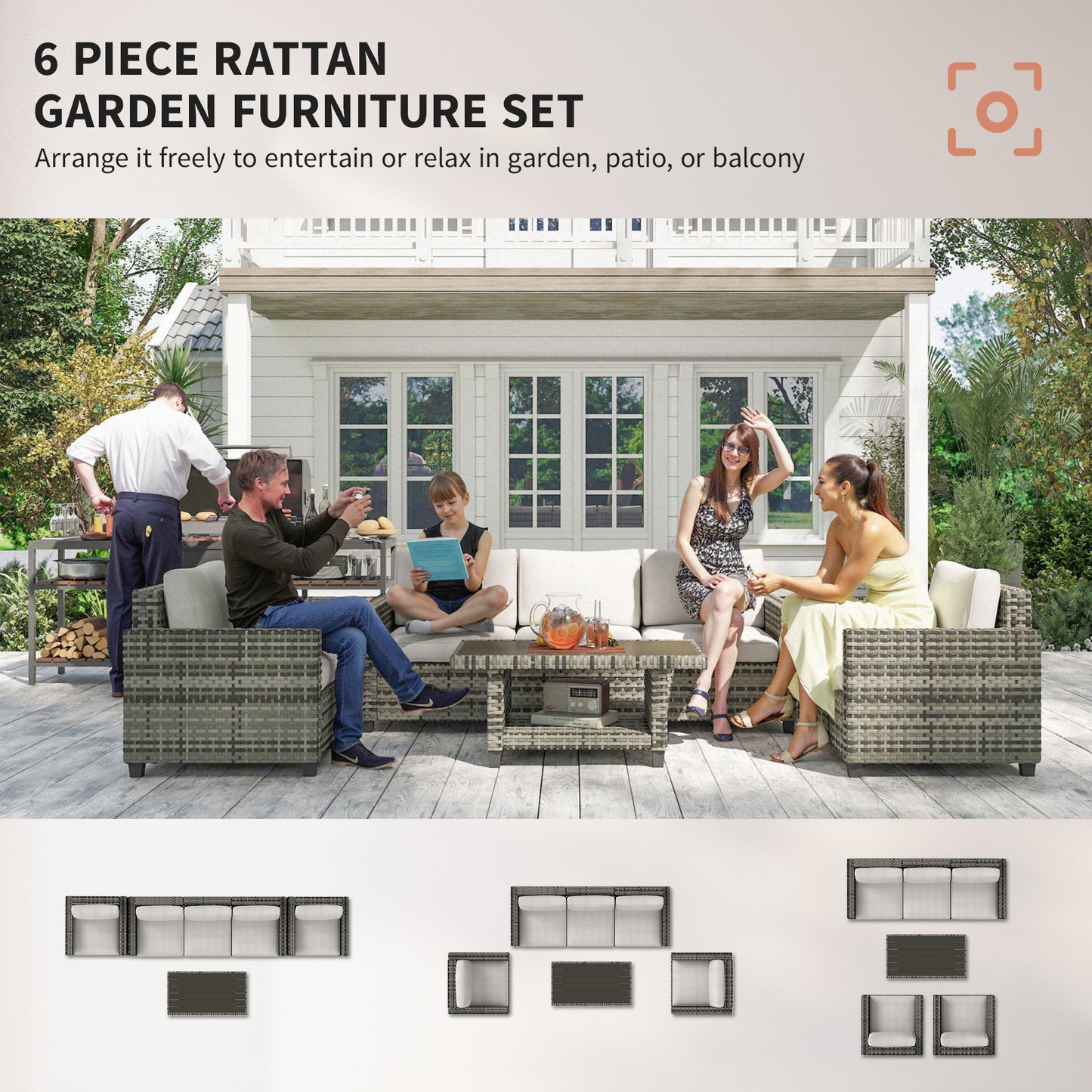 Outsunny Six-Piece Modular Rattan Sofa Set - Light Grey