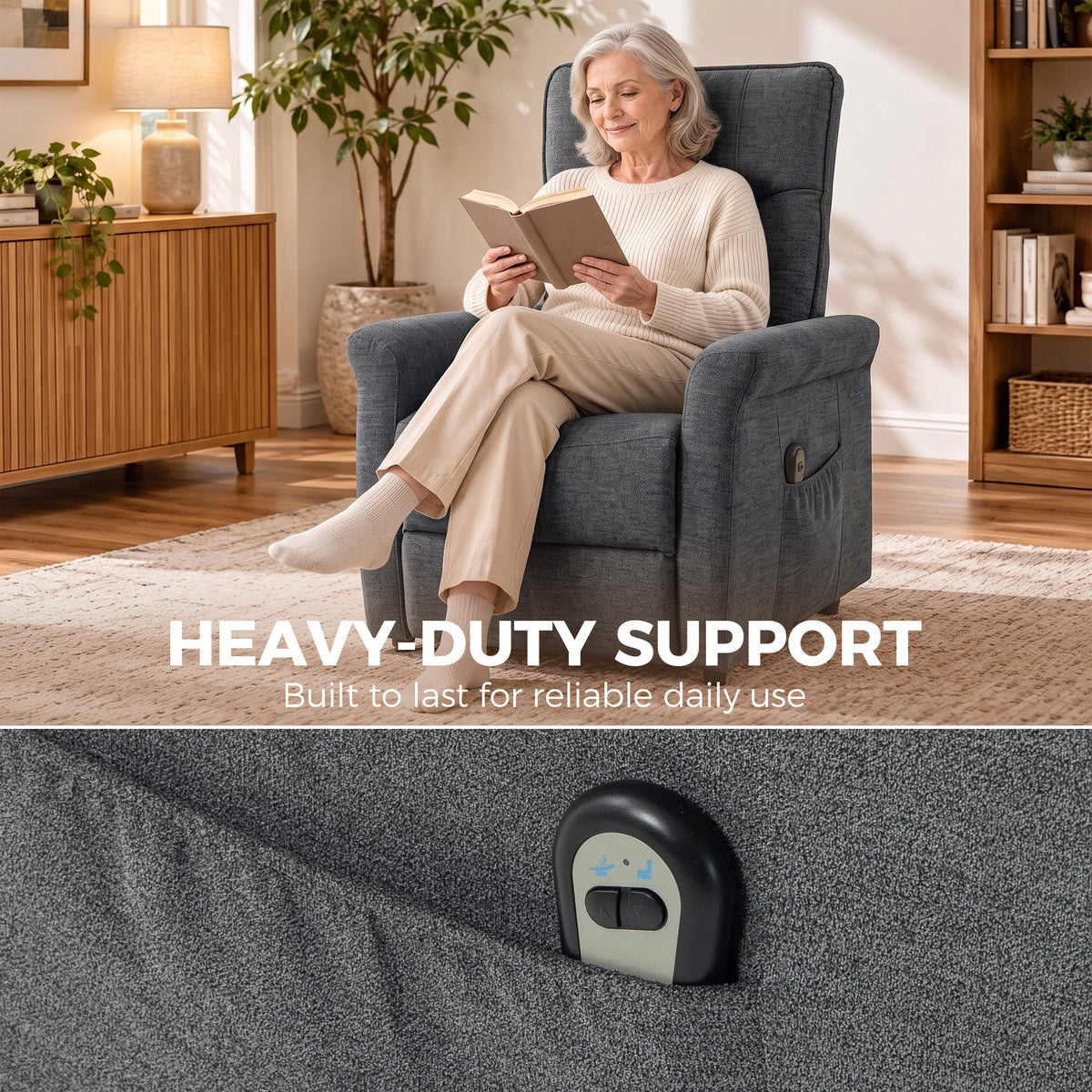 HOMCOM Power Lift Chair, Chenille Rise and Recliner Armchair with Pocket Spring, Footrest, Remote for Living Room, Dark Grey