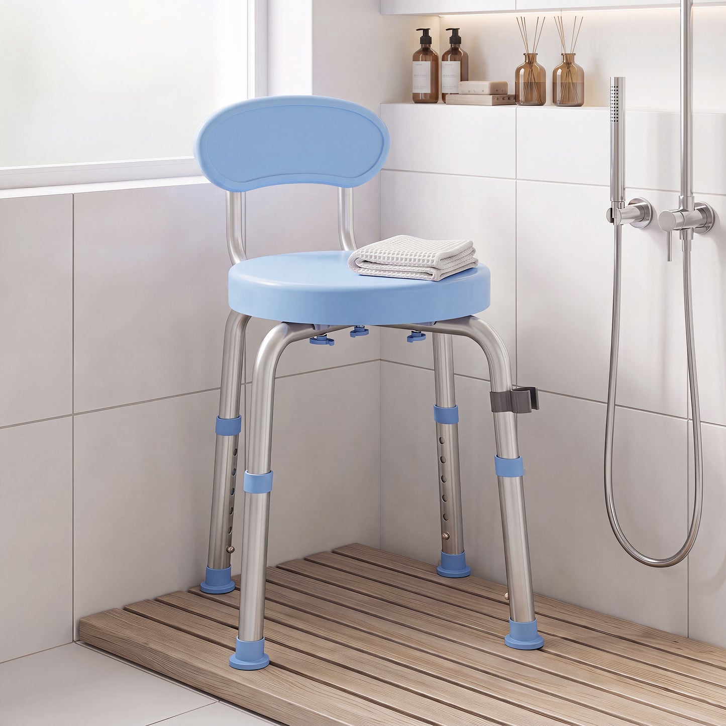 HOMCOM 360Â° Swivel Shower Stool with Aluminium Frame, 5-Level Adjustable Height, Backrest, Non-Slip Shower Chair for Elderly