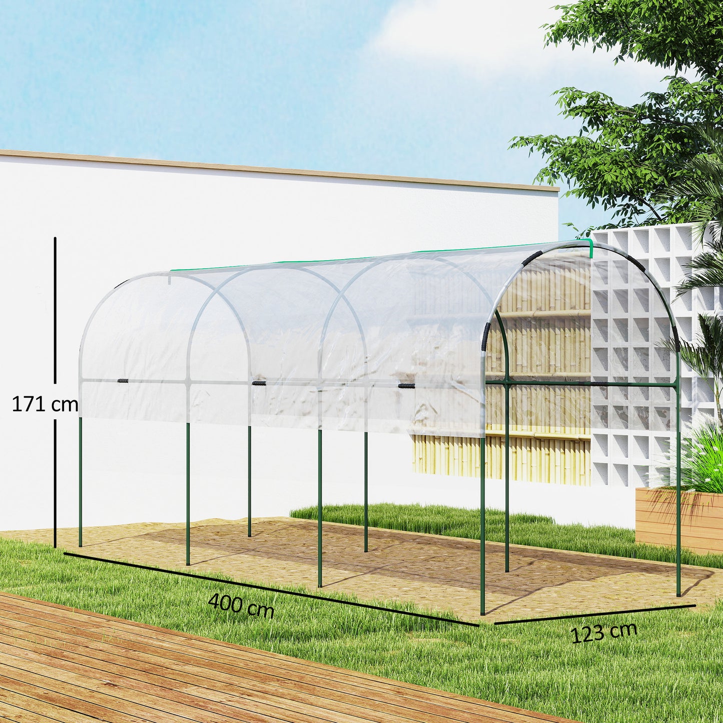 Outsunny Tunnel Tomato Greenhouse with 4 Hoops and Top Tap, Pointed Bottom and Guy Ropes, 400 x 123 x 171 cm, Clear