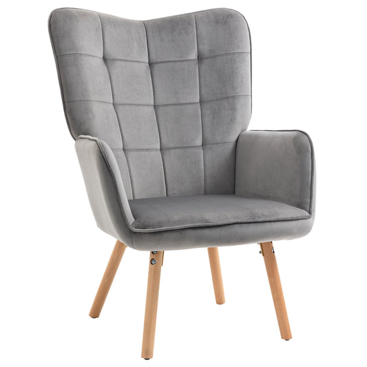 HOMCOM Modern Accent Chair, Upholstered High Back Armchair with Tufted Wingback, Seat Padding, Velvet Leisure Lounge Bedroom Chair with Wood Legs, Grey
