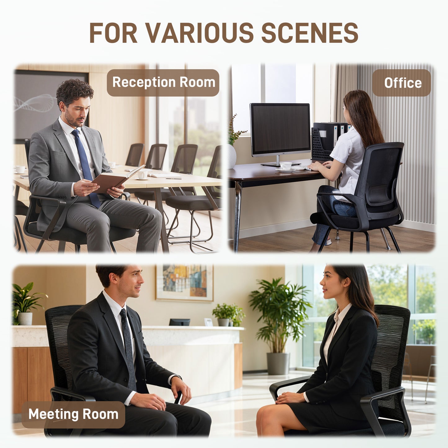 HOMCOM Desk Chair No Wheels, Office Chair with Mesh Back, Lumbar Support, Metal Base for Waiting Room, Conference Room, Black