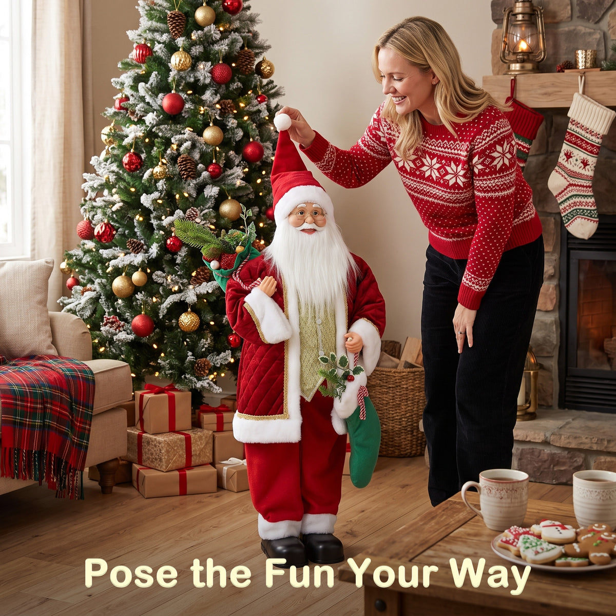 HOMCOM 4ft Life Size Singing Dancing Santa Claus, 120 cm Standing Musical Animated Santa with Stocking, Sack, Posable Arms, Handcrafted, Sound Touch Activated, Moving Christmas Figure Decor