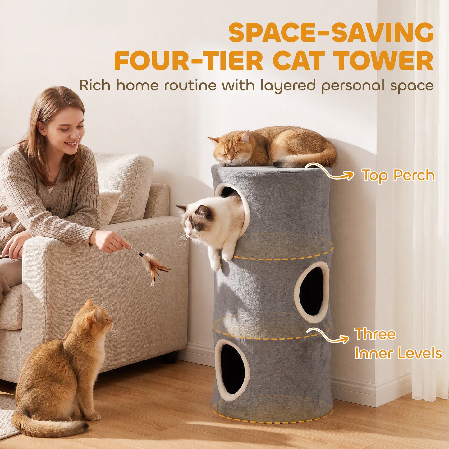 PawHut Cat House for Indoor Kittens, Cat Condo with Removable Washable Cover, Modern Barrel-Shaped Kitty Cave Bed