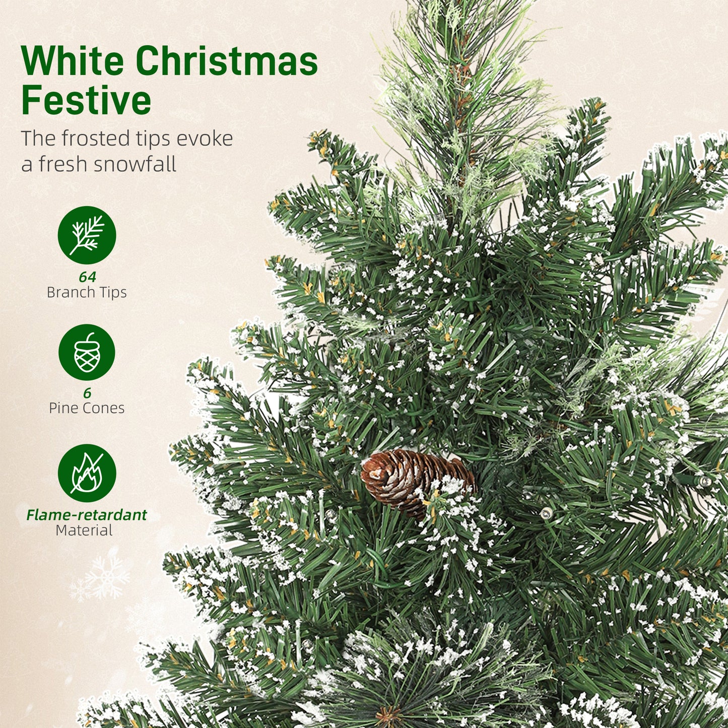 HOMCOM 60 cm Prelit Small Christmas Tree, Snow Flocked Tabletop Mini Xmas Tree with 35 LED Lights, Pine Cones and Linen Cover Base, Battery Operated, Green