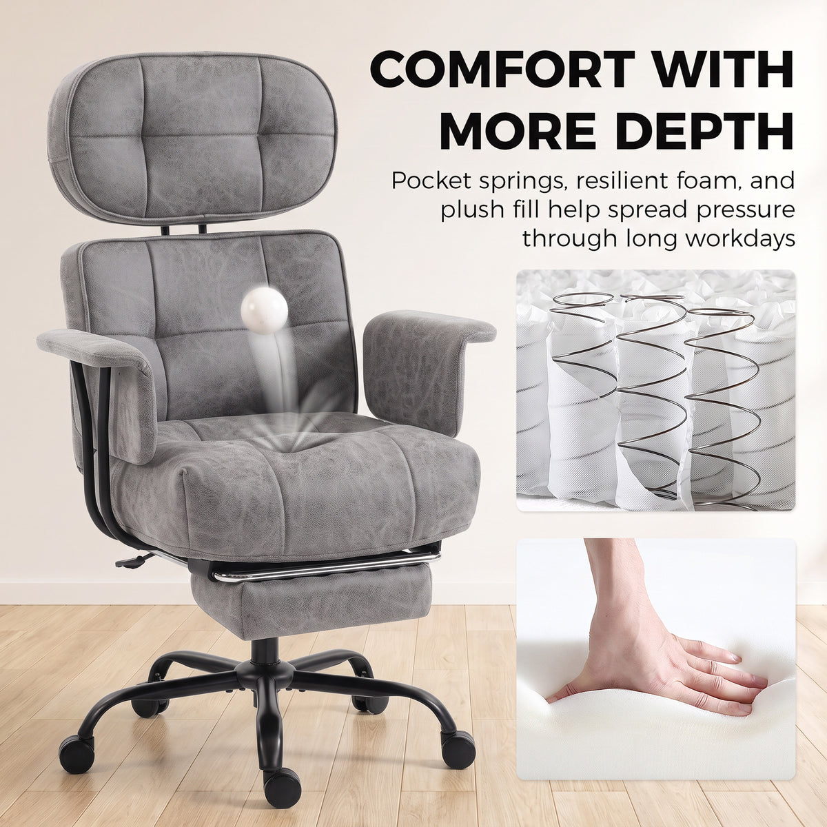 HOMCOM Office Chair, Big and Tall Desk Chair with Footrest, Wide Seat, Leathaire, Reclining Back, Swivel Wheels, Grey