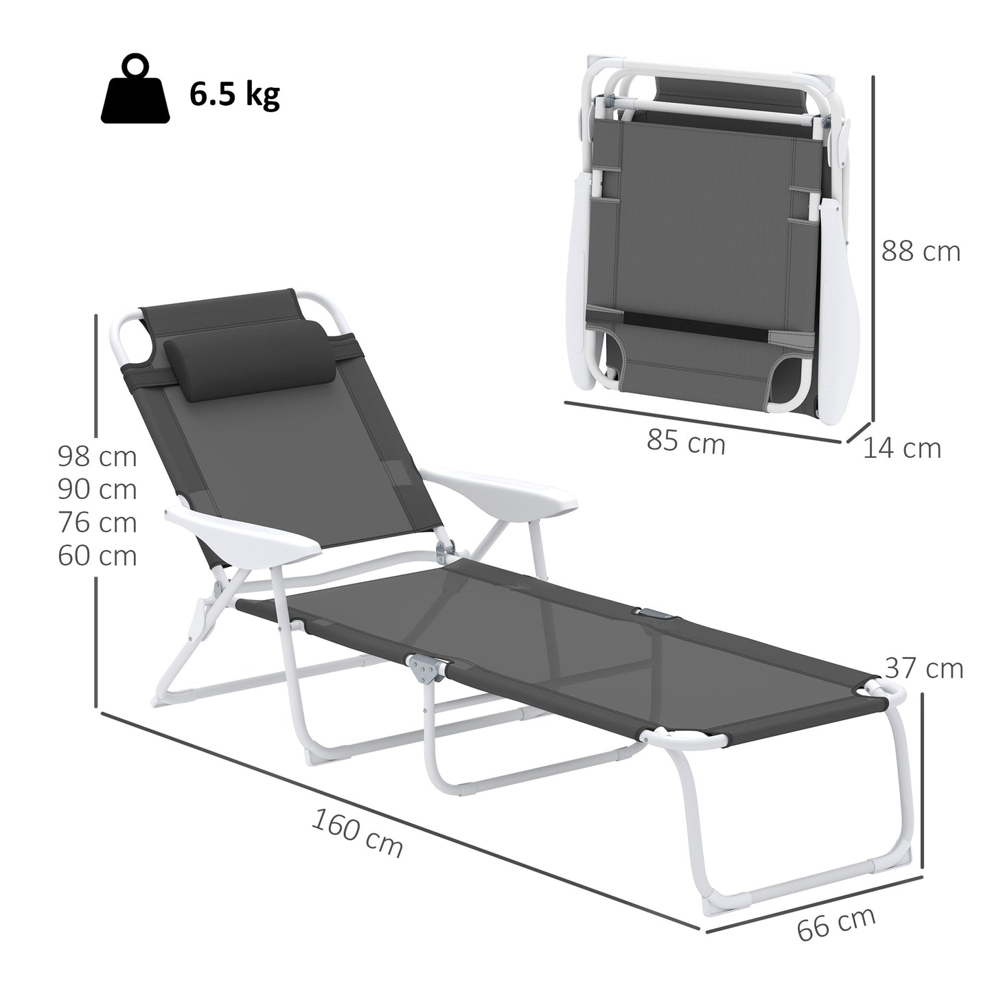 Outsunny Foldable Lounge Chair with 4-Level Adjustable Backrest & Headrest - Charcoal Grey