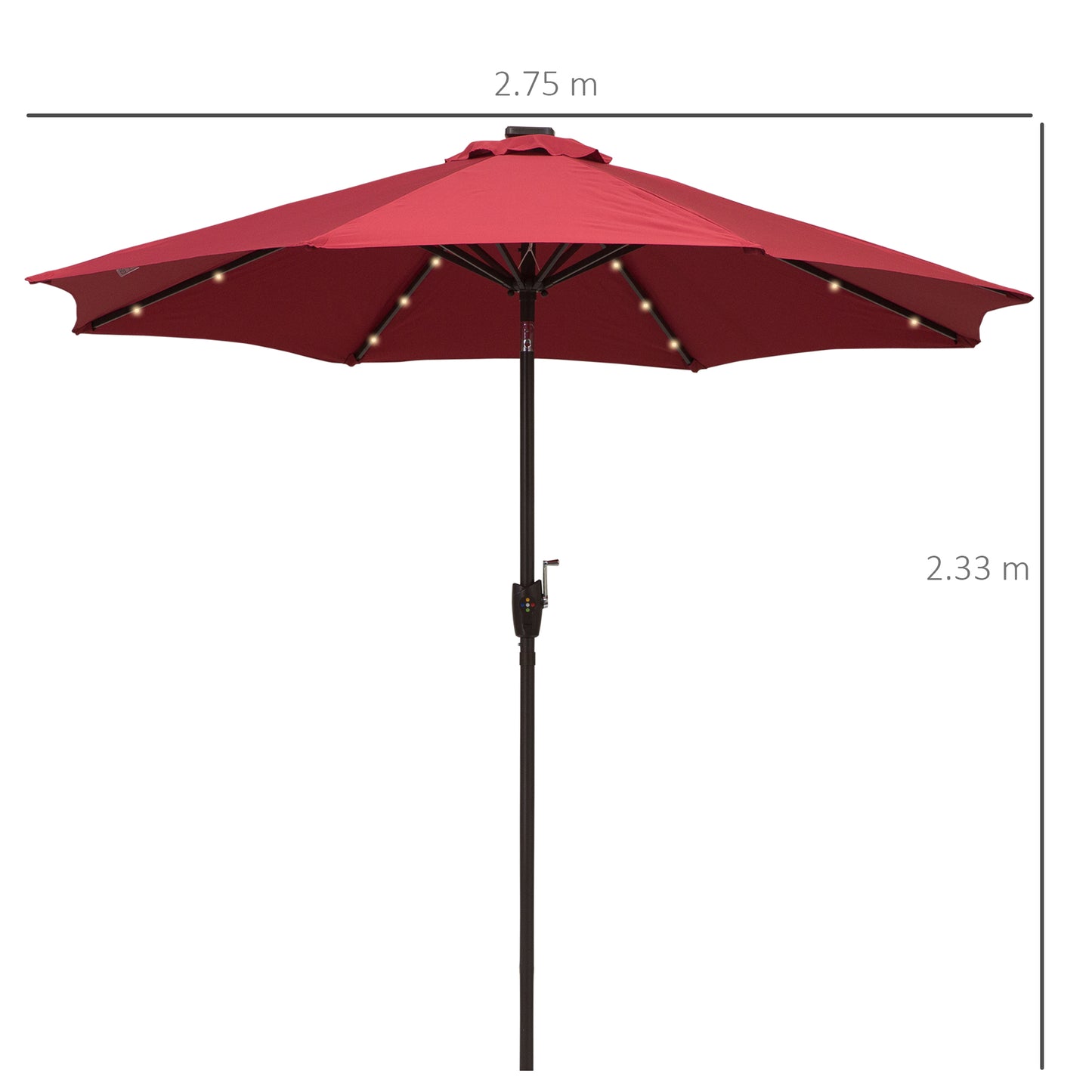 Outsunny Î¦2.7m Garden 24 LED Light Parasol Solar Outdoor Tilt Sun Umbrella Patio Club Party Event Manual Sun Shade w/ Hand Crank and 8 Ribs, Red