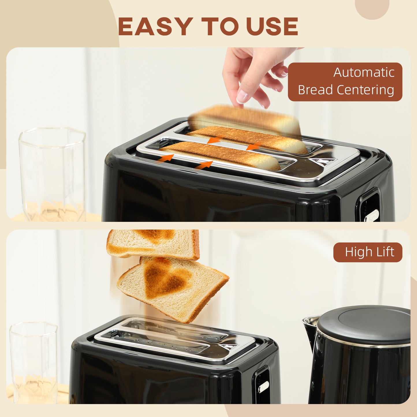 HOMCOM Polished Stainless Steel Kettle and Toaster Set - Black