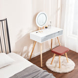 Dressing Table with LED Light Mirror, White Vanity Makeup Table Chair Set with 3 Adjustable Brightness Round Mirror Cushioned Stool and 2 Drawers Bedroom Small Make-up Table