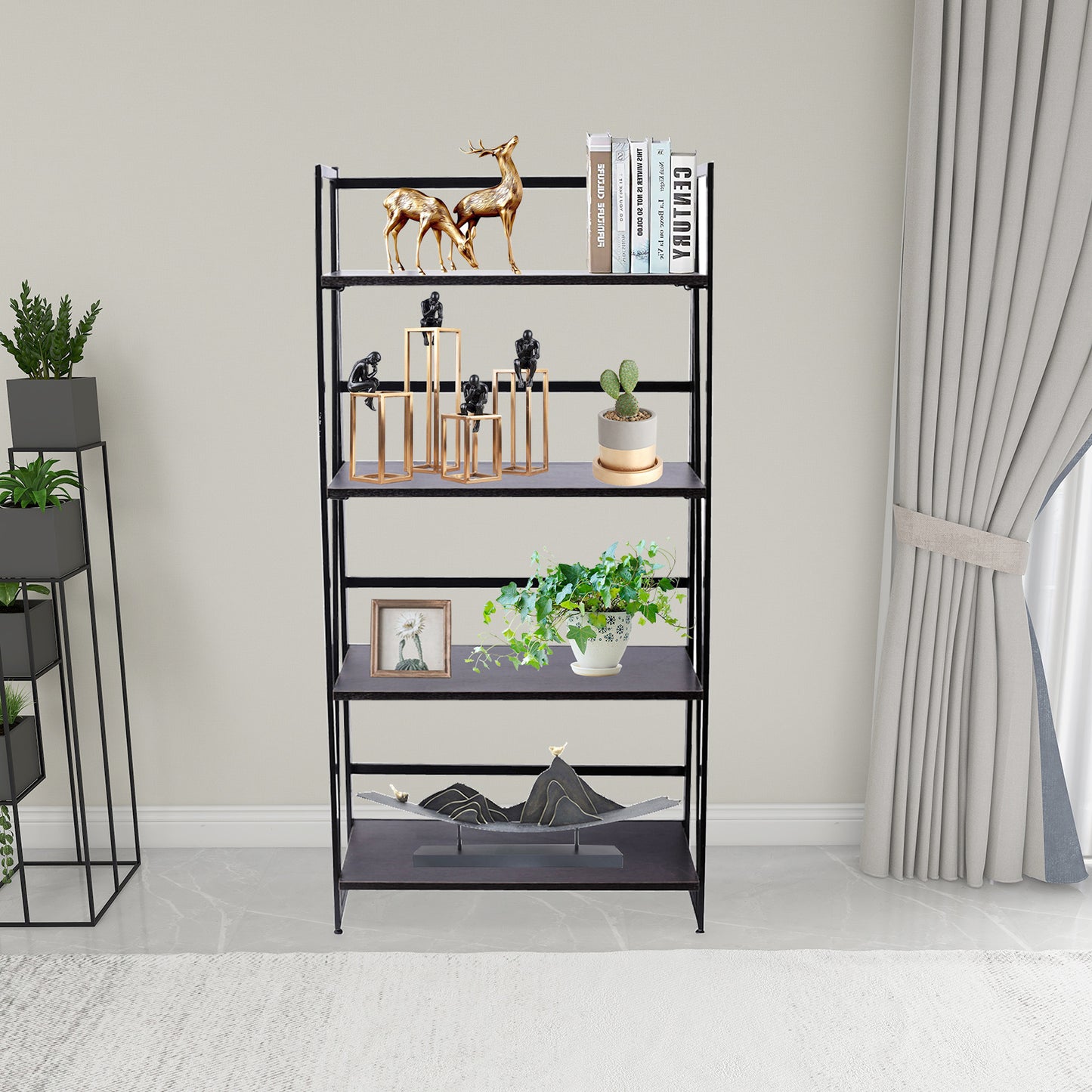 Folding Bookshelf Home Office Industrial Bookcase Wooden Storage Shelves Vintage 4 Tiers Book Rack Organizer