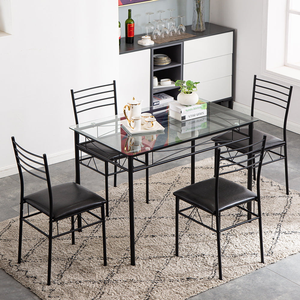 [110 x 70 x 76cm] Iron Glass Dining Table and Chairs Black One Table and Four Chairs PU Cushion