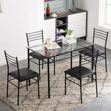 [110 x 70 x 76cm] Iron Glass Dining Table and Chairs Black One Table and Four Chairs PU Cushion