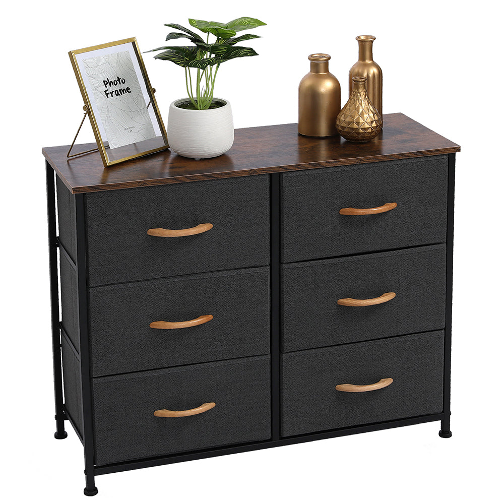 3-Tier Wide Dresser, Storage Unit with 6 Easy Pull Fabric Drawers, Metal Frame, and Wooden Tabletop, for Closet, Nursery, Hallway，Gray
