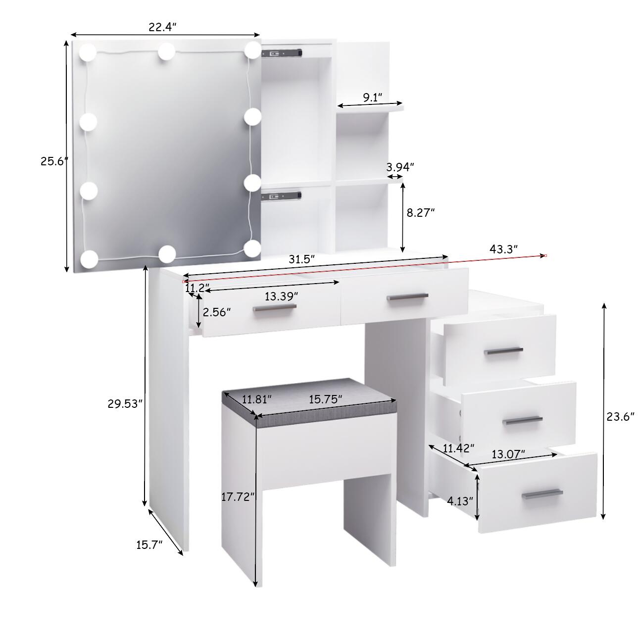 Particleboard Triamine Veneer 5 Pumps 2 Shelves Mirror Cabinet Three Dimming Light Bulb Dressing Table Set White