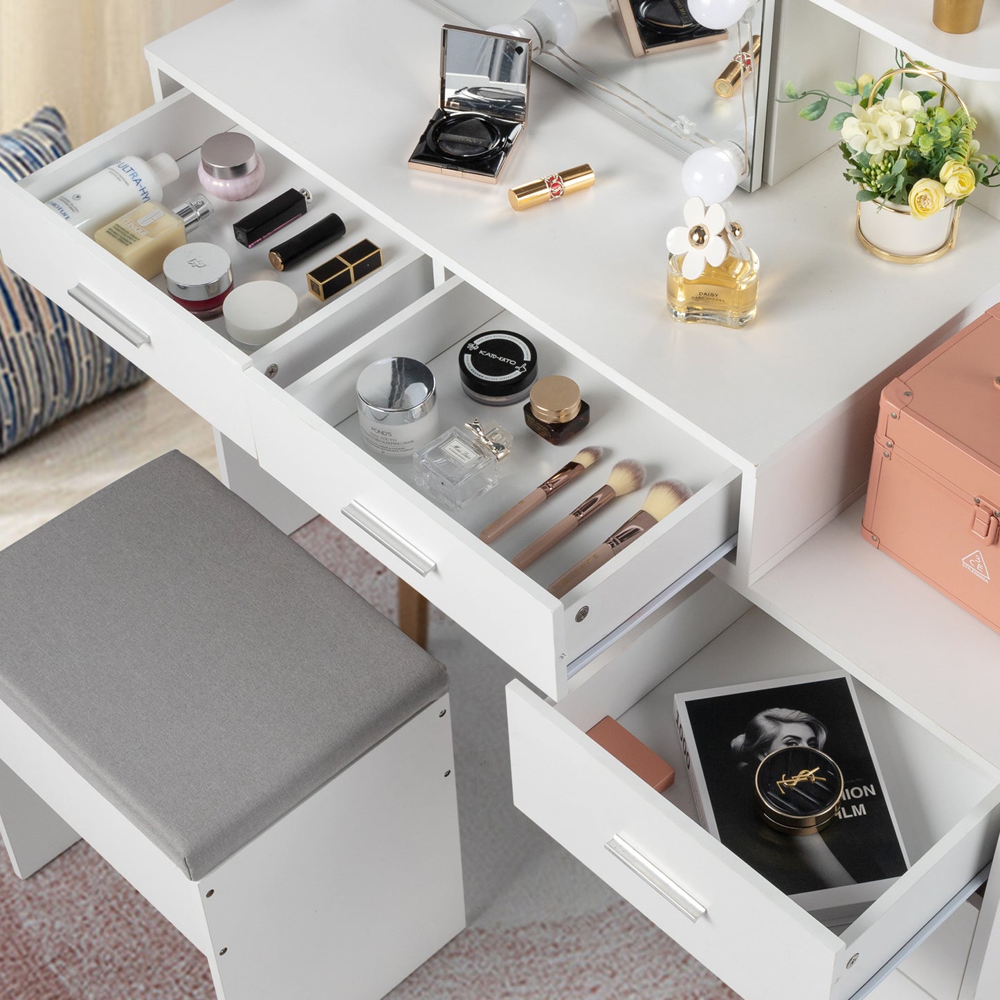 Particleboard Triamine Veneer 5 Pumps 2 Shelves Mirror Cabinet Three Dimming Light Bulb Dressing Table Set White