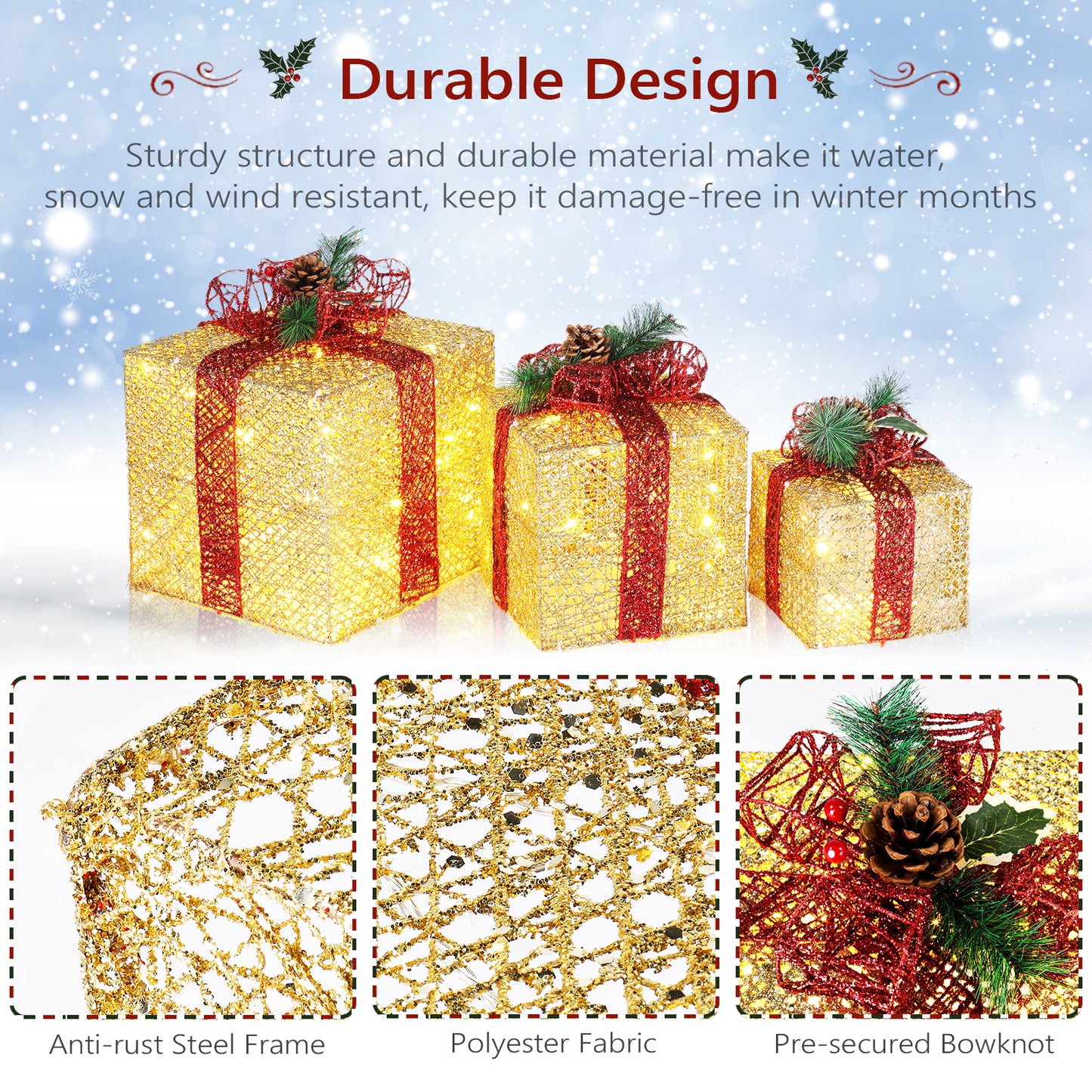 3pcs 10 Inch-8 Inch-6 Inch Golden Gift Box Garden Gift Box Decoration 5M Long Power Cord UK Gauge