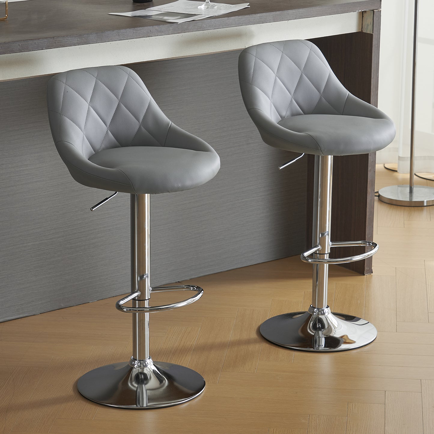 2pcs Adjustable High Type with Disk No Armrest Rhombus Backrest Design Bar Stools Gray