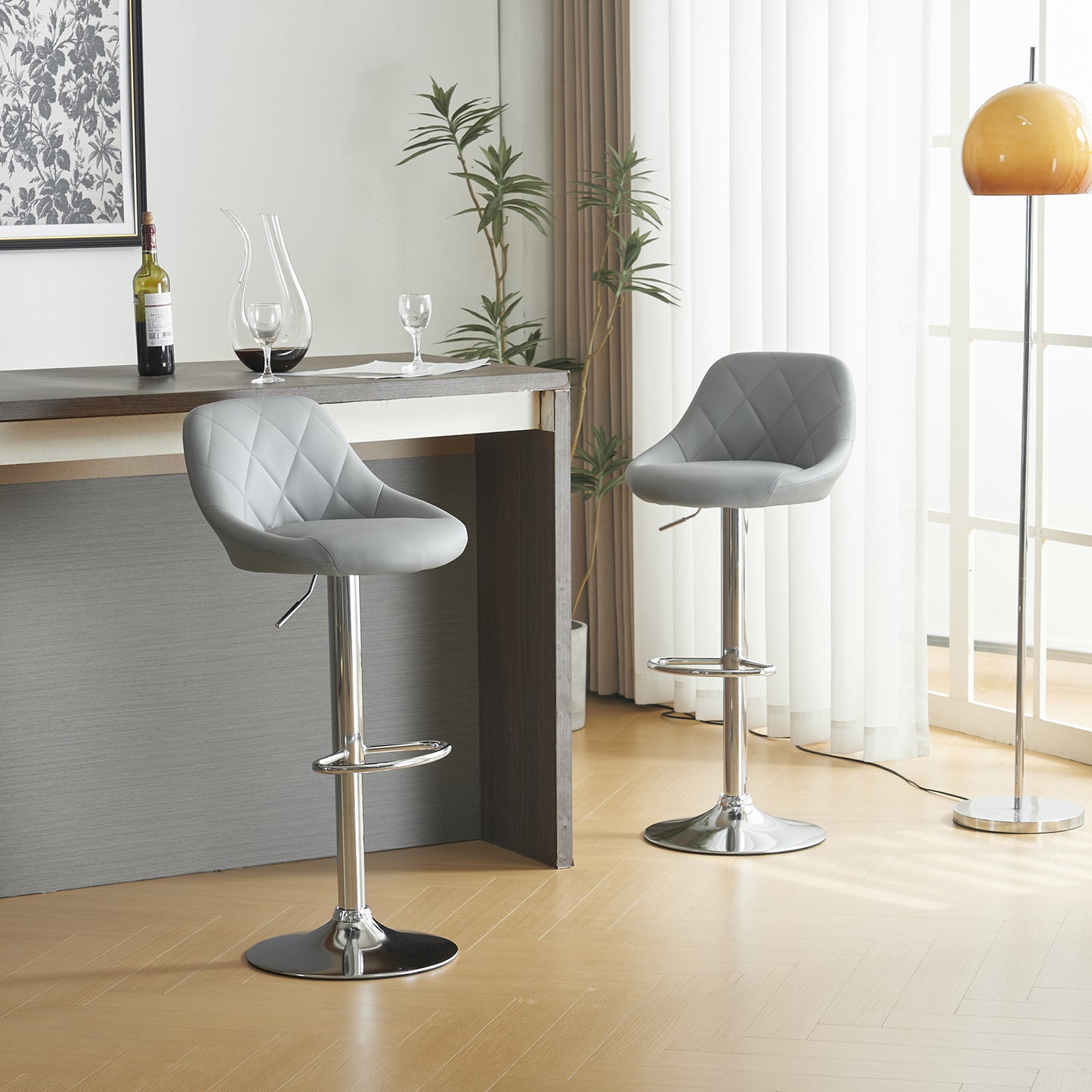 2pcs Adjustable High Type with Disk No Armrest Rhombus Backrest Design Bar Stools Gray