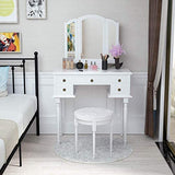 Elegant Dressing Tables with Tri-fold Mirror, Vanity Table Set with 5 Drawers, Lovely Makeup Table with Stool For Girls Women White