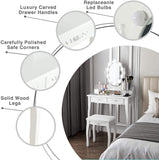 Dressing Table Set,White Vanity Makeup Table,4 Large Drawers and Cushioned Stool,10 Dimmable LED,Adjustable Mirror,for Girls,Women,Bedroom (White Makeup Vanity Table-4 drawers)