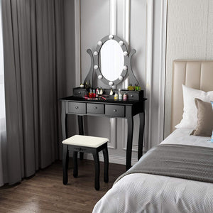 Dressing Table Set, Black Vanity Makeup Table, 5 Large Drawers and Cushioned Stool, 10 Dimmable LED, Adjustable Mirror, for Girls, Women, Bedroom (Black Makeup Vanity Table-5 drawers)