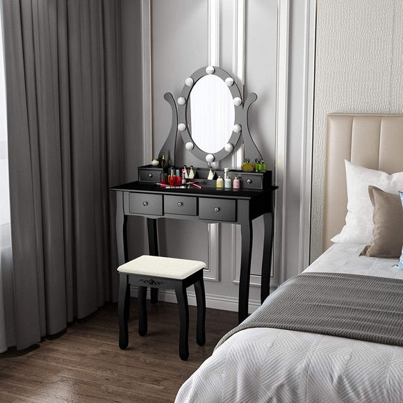 Dressing Table Set, Black Vanity Makeup Table, 5 Large Drawers and Cushioned Stool, 10 Dimmable LED, Adjustable Mirror, for Girls, Women, Bedroom (Black Makeup Vanity Table-5 drawers)