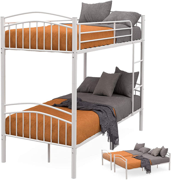 2 x 3FT Single Metal Bunk Beds Frame, Splits into 2 Beds, for Twins Kids Children Teenagers Adult Dormitory Bed - White