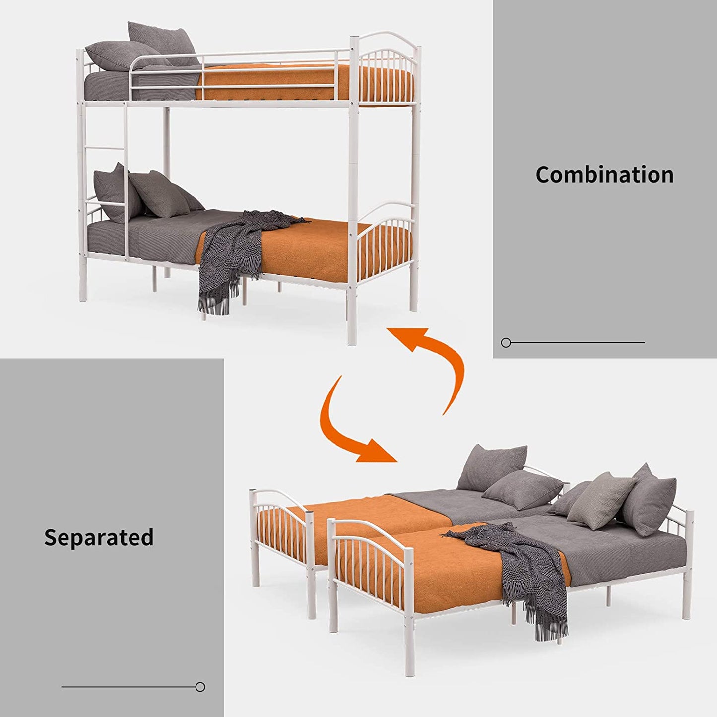 2 x 3FT Single Metal Bunk Beds Frame, Splits into 2 Beds, for Twins Kids Children Teenagers Adult Dormitory Bed - White