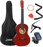 38 Inch 4/4 Full Size Beginner Acoustic Guitar Pack Starter Kit for Kids Adult with Capo, Case, Strap, Tuner, Picks & Steel Strings Red Brown