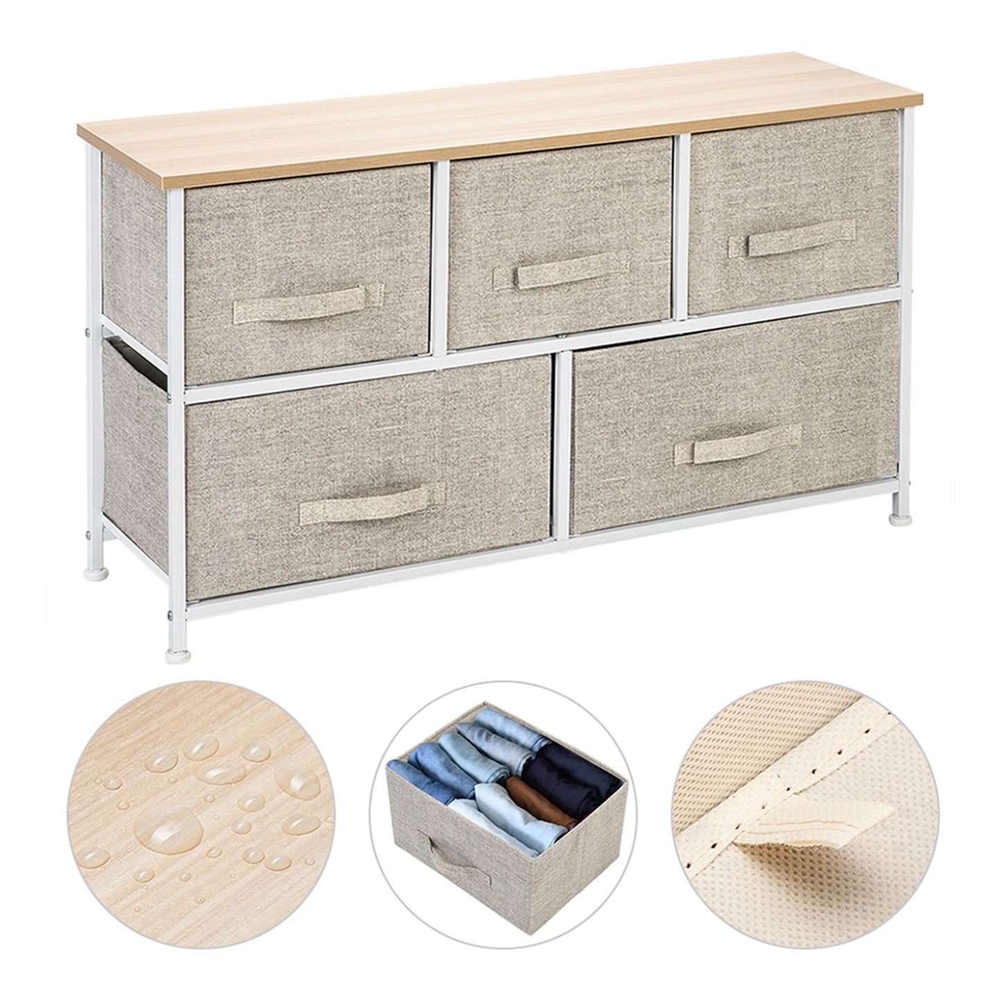 2-Tier Wide Closet Dresser, Nursery Dresser Tower With 5 Easy Pull Fabric Drawers And Metal Frame, Multi-Purpose Organizer Unit For Closets, Dorm Room, Living Room, Hallway, Linen/Natural