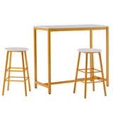 100*45*92 cm PVC Marble Simple Bar Table Round Bar Stool Golden Paint (One Table and Two Stools) White