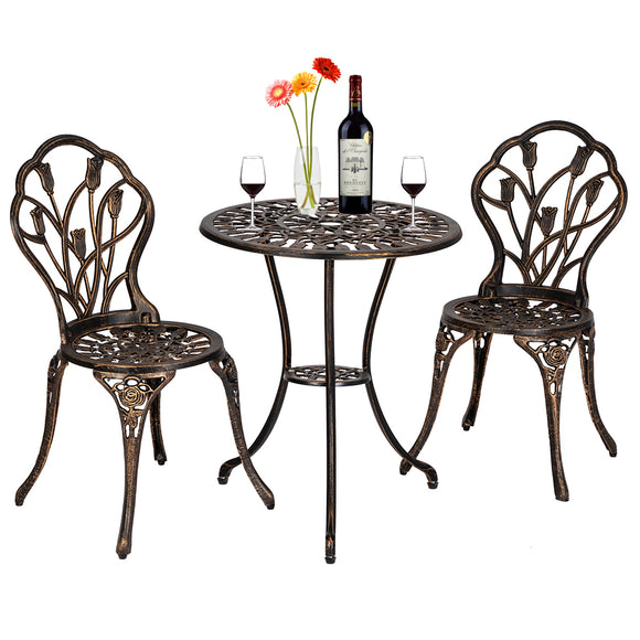 European Style Cast Aluminium Outdoor 3 Piece Tulip Bistro Set of Table and Chairs Bronze
