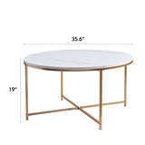 Round Coffee Table, 35.6" Dia Faux Marble Coffee Table, White Coffee Table with Golden Frame