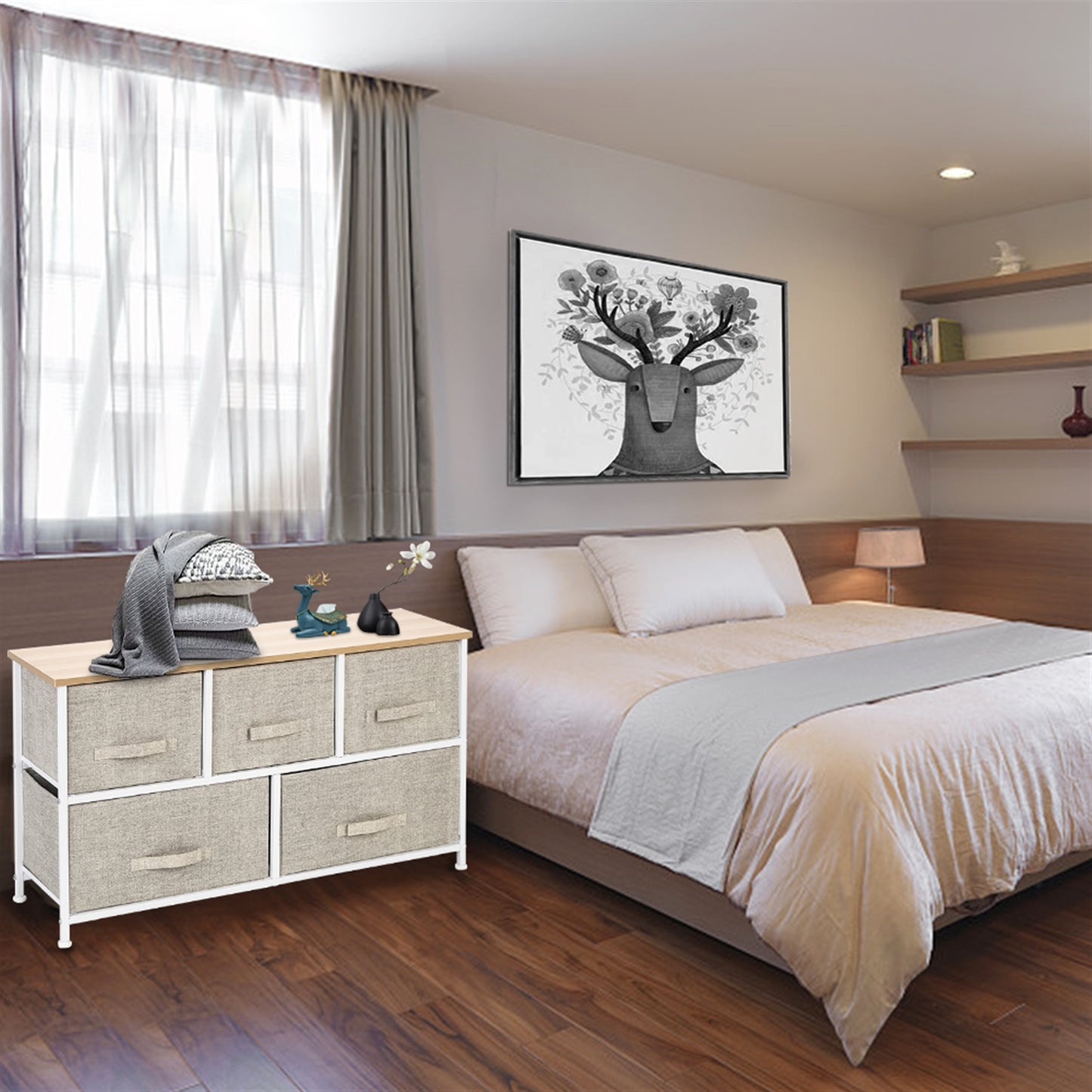 2-Tier Wide Closet Dresser, Nursery Dresser Tower With 5 Easy Pull Fabric Drawers And Metal Frame, Multi-Purpose Organizer Unit For Closets, Dorm Room, Living Room, Hallway, Linen/Natural