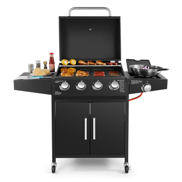 The 4 + 1 gas BBQ grill features 4 stainless steel burners and an side burner  - Black