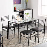 [110 x 70 x 76cm] Iron Glass Dining Table and Chairs Black One Table and Four Chairs PU Cushion