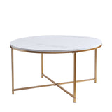 Round Coffee Table, 35.6" Dia Faux Marble Coffee Table, White Coffee Table with Golden Frame