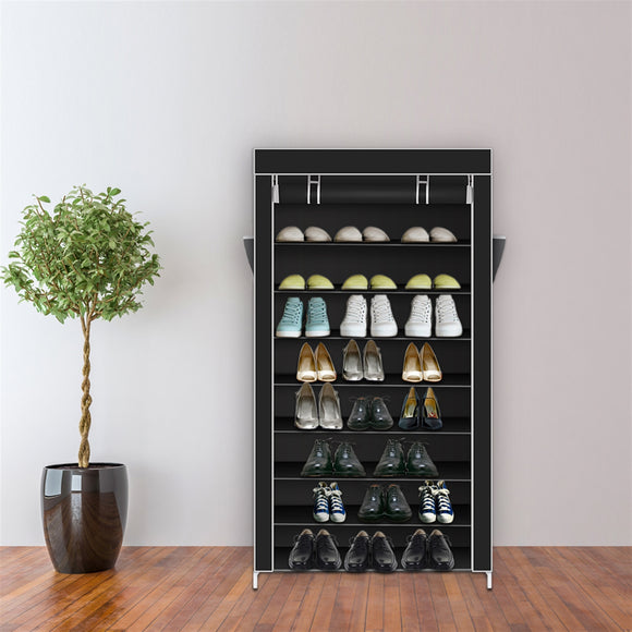 10 Tiers Shoe Rack with Dustproof Cover Closet Shoe Storage Cabinet Organizer - Black