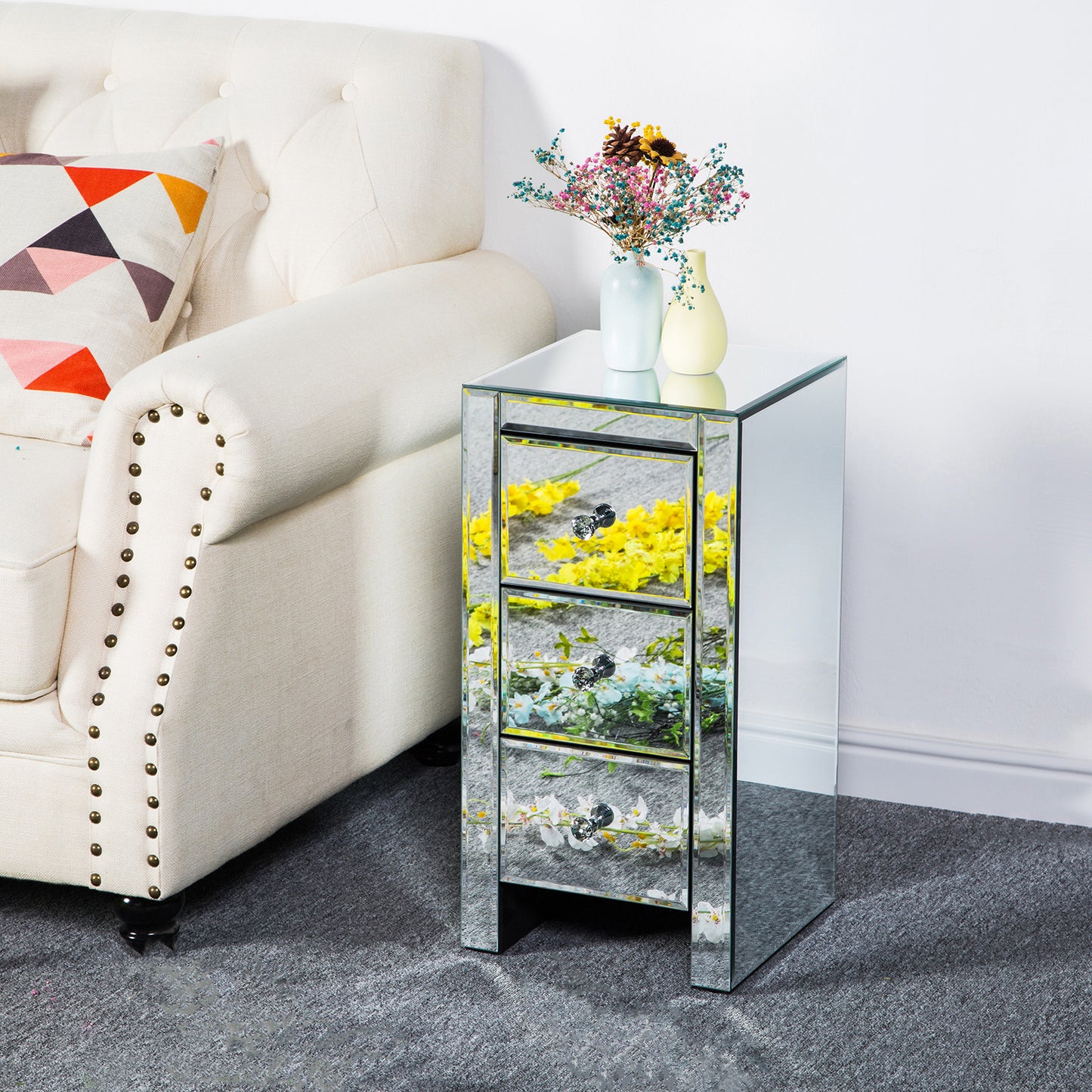 Mirrored Glass Bedside Table with Three Drawers Size S