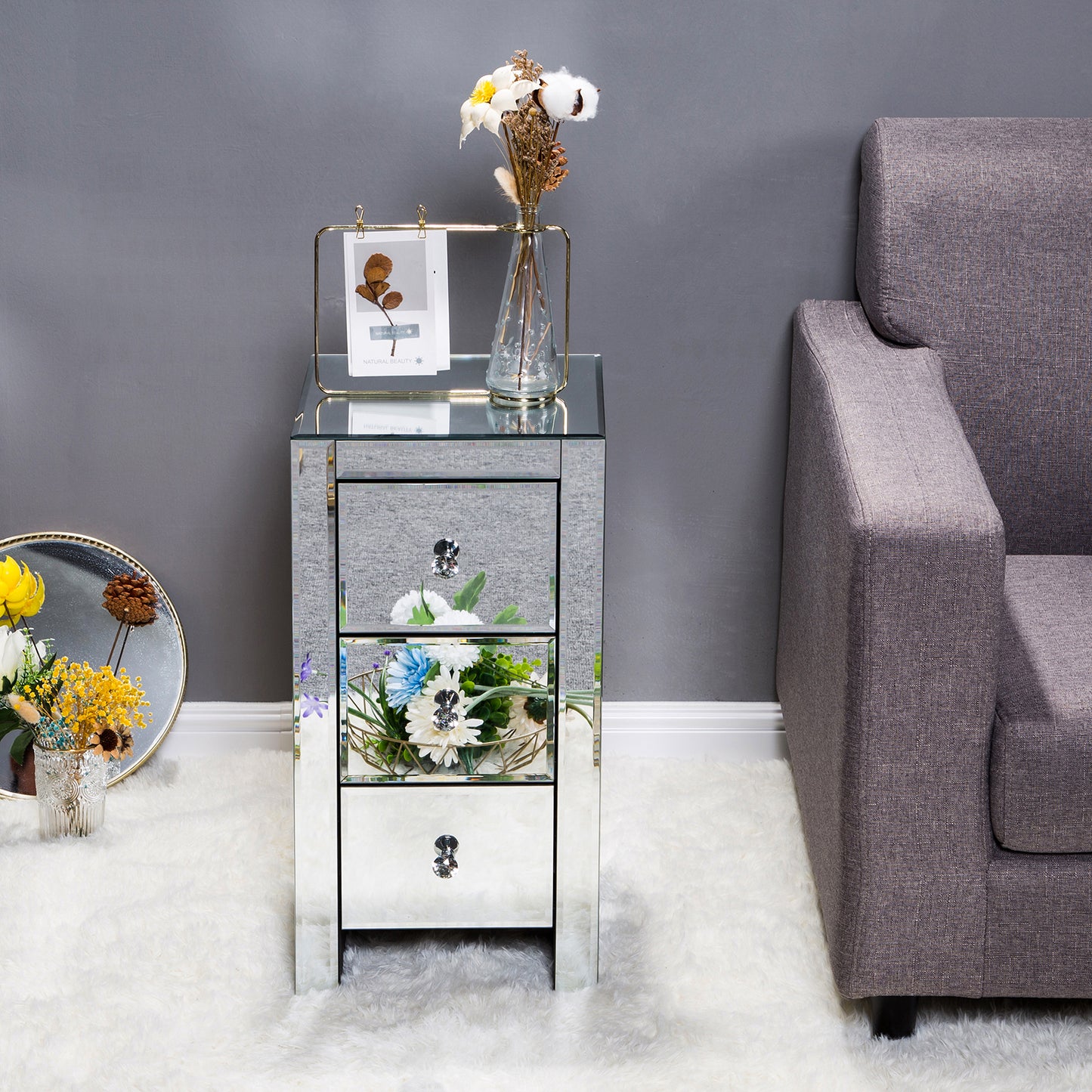 Mirrored Glass Bedside Table with Three Drawers Size S